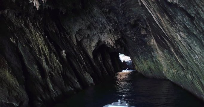 Video shot from a boat moving down Porto Flava cave