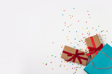 Festive Composition. Gifts and Gift Pack on the White Background. Multicolored Circles