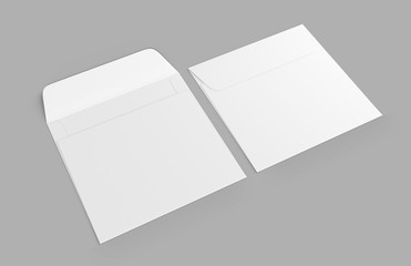 Blank white realistic square straight flap envelopes mock up. 3d rendering illustration.