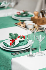 Served New Year or Christmas table closeup. Luxury restaurant