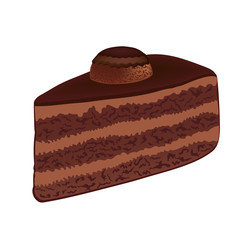Chocolate cake with chocolate cream. The severed portion of chocolate cake. Slice of chocolate cake isolated on white background. Vector illustration.