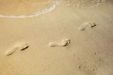 beach, wave and footsteps at sunset time
