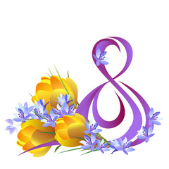 8 March Women's Day. Greeting card template with first spring flowers (crocus and bluebell). Hand drawn vector illustration on white background.