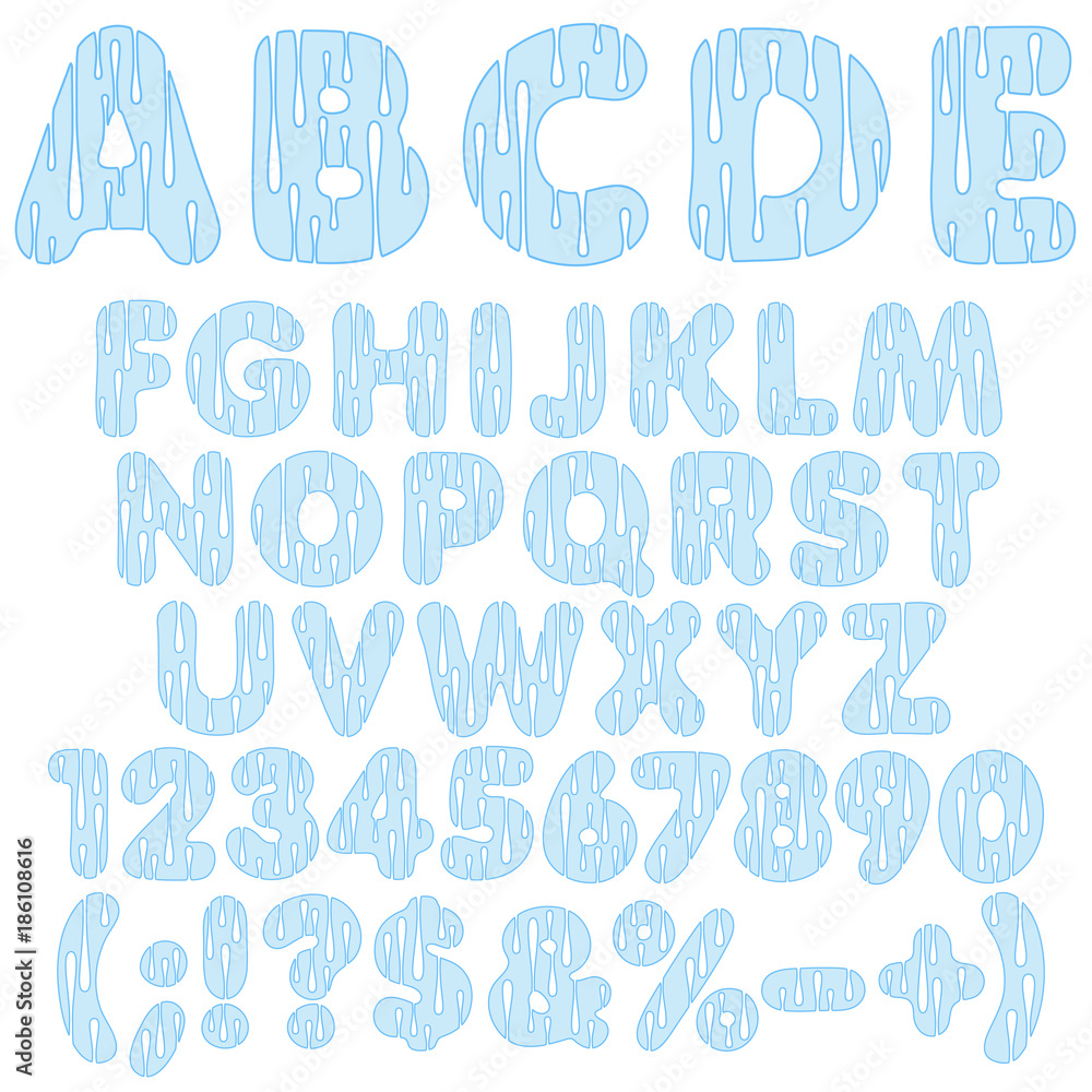 Poster alphabet, letters, numbers and signs from drops of water. isolated vector objects on white backgroun