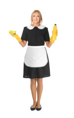 Mature charwoman with bottle of detergent and sponge on white background