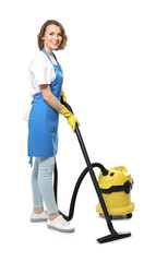 Young professional with vacuum cleaner, isolated on white