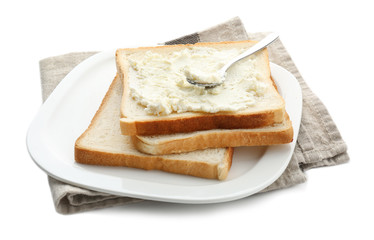 Plate with tasty toasts and cheese, isolated on white