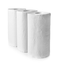 Rolls of paper towels on white background