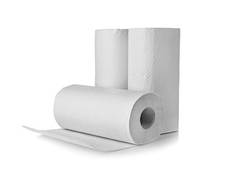 Rolls of paper towels on white background
