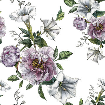 Floral seamless pattern with watercolor peonies and datura flower