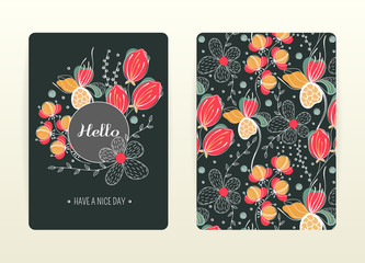 Cover design with floral pattern. Hand drawn creative flowers. Colorful artistic background with blossom. It can be used for invitation, card, cover book, notebook. Size A4. Vector illustration, eps10