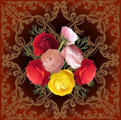 seven rose flowers in decorated brown frame