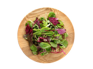 Plate with mix of salads on white background