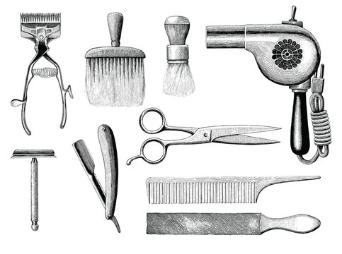 Vintage Barbershop Tools Hand Drawing Engraving Style