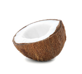 Half of ripe coconut on white background