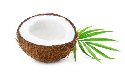 Half of coconut on white background