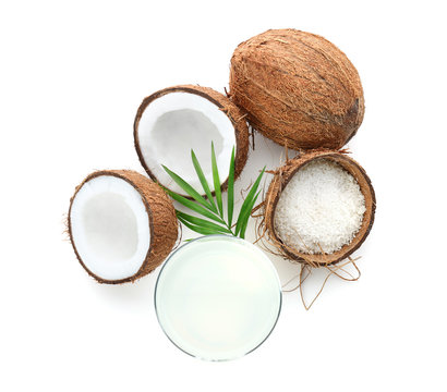 Composition with fresh coconut water on white background