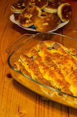baked In the oven homemade pie stuffed with cheese and mushrooms