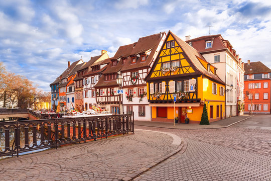 Traditional Alsatian half-timbered houses in Petite Venise or little Venice, old town of Colmar, decorated at christmas time, Alsace, France