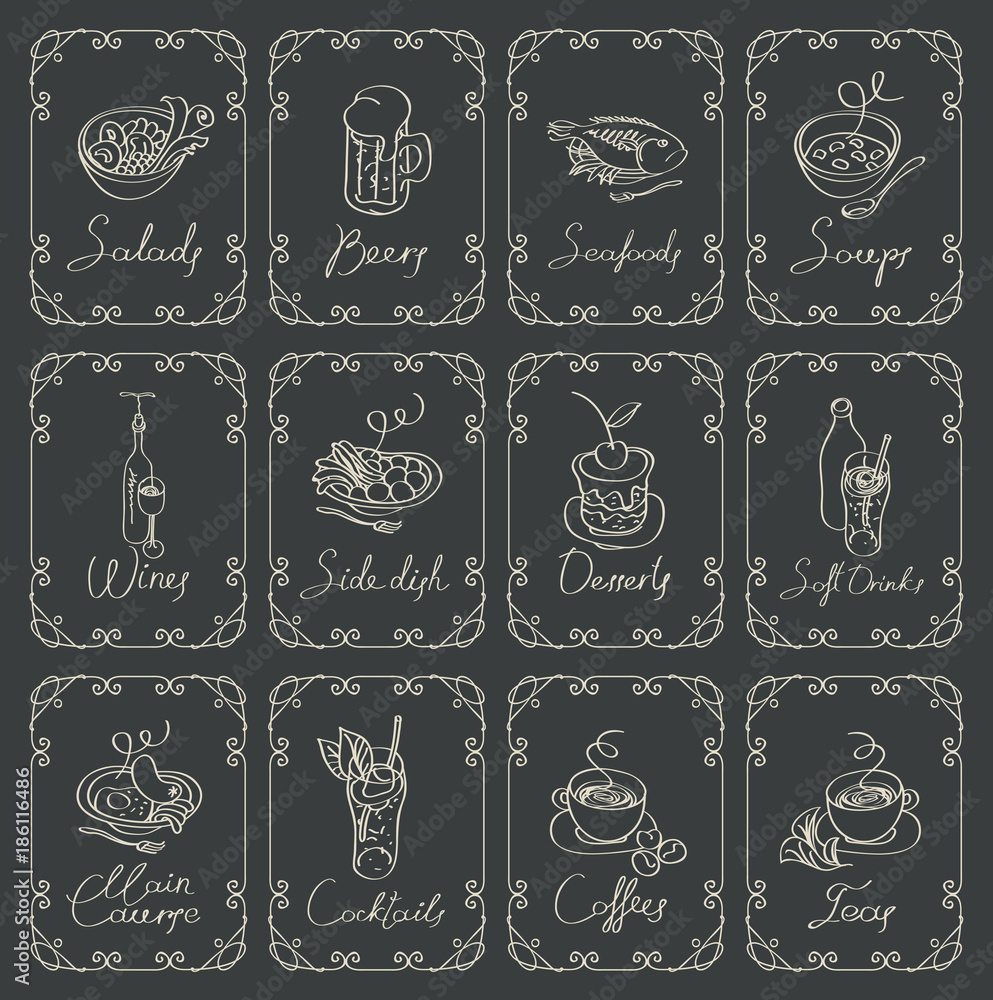Poster vector set of sketches of different dishes with handwritten inscriptions framed with swirls on a bla