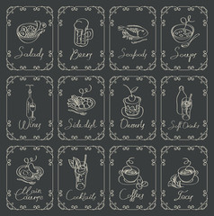 Vector set of sketches of different dishes with handwritten inscriptions framed with swirls on a black background. Outline drawing with chalk on a blackboard in a retro style
