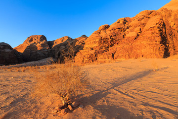 Fototapeta na wymiar Scenic view of the red and yellow colored mountain rocks in the Wadi rum desert in Jordan at early-morning