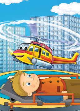 cartoon scene for different usage helicopter and man waiting for transportation - illustration for children