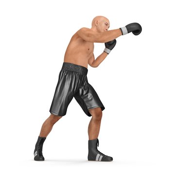 Athletic attractive man wearing black boxing gloves on the white. 3D illustration