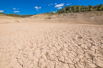 Fototapeta na wymiar landscape of dry earth soil and trees in the horizon, in Entrepenas reservoir, in Guadalajara, Castilla, Spain Europe 