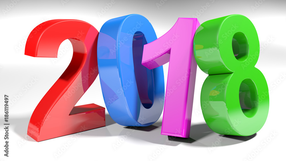 Poster 2018 is written with 3D colorful numbers standing on a white surface - 3D rendering illustration