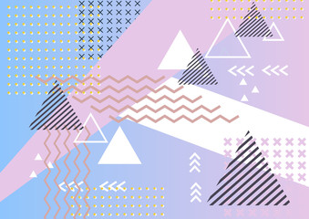 Memphis background. Geometric abstract elements on blue and pink gradient background.