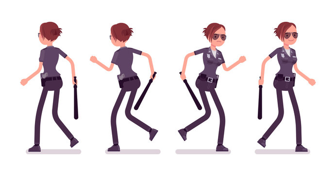Young policewoman walking and running