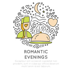 Romantic and wedding travel icons in hand draw style, isolated on white background. Love traveling icons with heart, champagne glasses, stars and moon elements with round decoration and heart, love