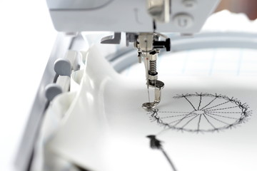 embroidery with embroidery machine - dandilon on white leatherette - view on embroidery process, machine head and hoop