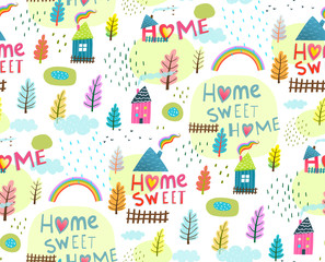 Seamless pattern cartoon simle primitive style rural houses quote.  Vector illustration. 