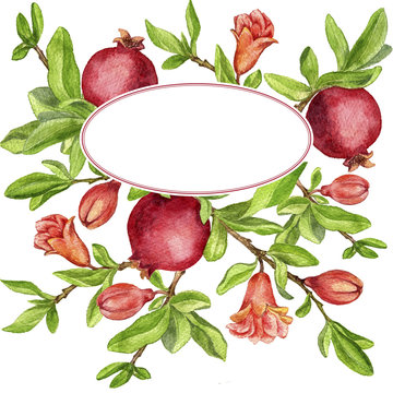 template with fruit tree branches, leaves,flower and pomegranates