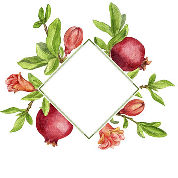 template with fruit tree branches, leaves,flower and pomegranates