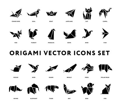 Origami Folded Paper Animals Shapes. Bird, Crane, Cat, Dog, Rhino, Fox, Mouse, Elephant. Flat Solid Icon Illustration Set Collection