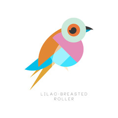 Elegant logo design of lilac breasted roller. Bird made of various geometric shapes. Colorful flat vector element for mobile app, print or label