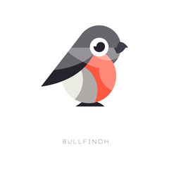 Flat geometric icon of bullfinch. Small passerine bird in red and black colors. Beautiful vector element for logo, environmental banner or print