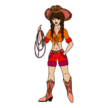 Brunette cowgirl with lasso. Vector illustration. Isolated on wh