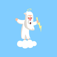 Angry god character standing on fluffy white cloud with halo over his head and lightning in the hand. Flat vector isolated on blue background.