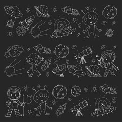 Moon surface. Kindergarten children play space exploration. Alien, ufo, spaceship. rocket. Children, boys and girls with moon, mars, saturn, jupiter