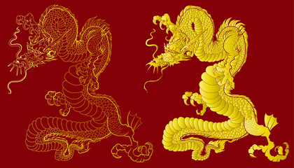 Gold dragon on red background.Chinese dragon tattoo.