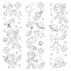 Moon surface. Kindergarten children play space exploration. Alien, ufo, spaceship. rocket. Children, boys and girls with moon, mars, saturn, jupiter