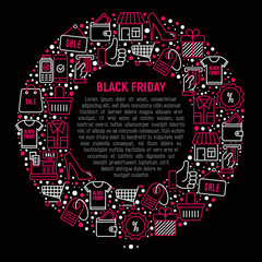 Black friday sale concept in circle with thin line icons: store, shopping cart, wallet, credit card, payment, thumbs up, badge, special offer. Modern vector illustration, web page template.