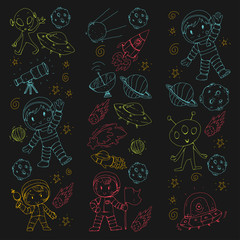 Moon surface. Kindergarten children play space exploration. Alien, ufo, spaceship. rocket. Children, boys and girls with moon, mars, saturn, jupiter