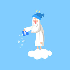 Adorable god cartoon character in action on white cloud. Happy Lord wearing winter hat and throwing snow on the ground. Flat vector