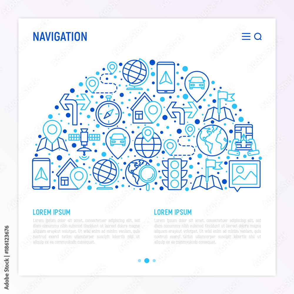 Aufkleber navigation and direction concept in half circle with thin line icons set: pointer, compass, navigato