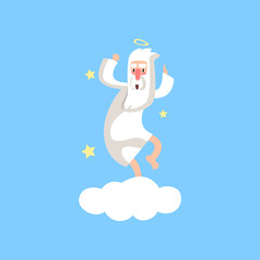 Happy bearded god character having fun. Almighty creator with halo dancing on white cloud surrounded with stars. Flat vector isolated on blue.